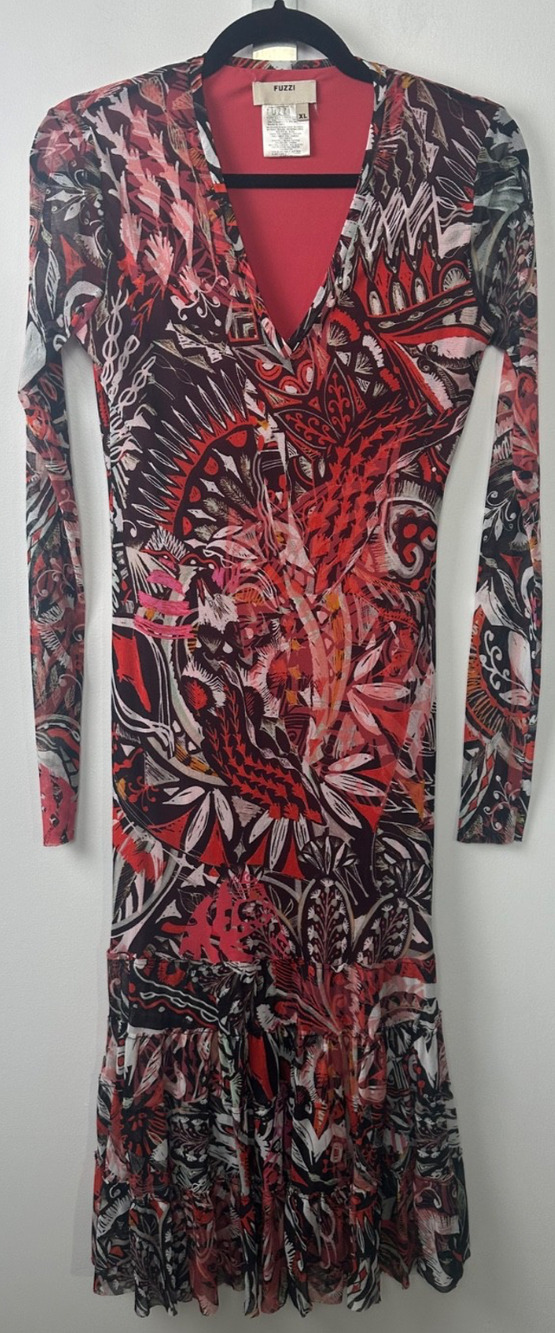 Fuzzi Dress Size XL Bodycon Italy Maxi Sheer Sleeve Red Black V-Neck Fitted C7